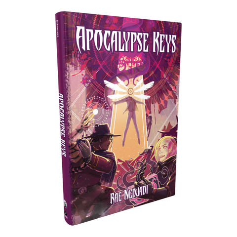 Apocalypse Keys cover: intense magical battle between two magic users and a person with six angel wings for a head