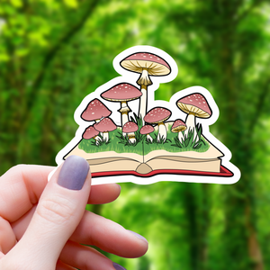 Open Book With Mushrooms Growing Sticker - 3"