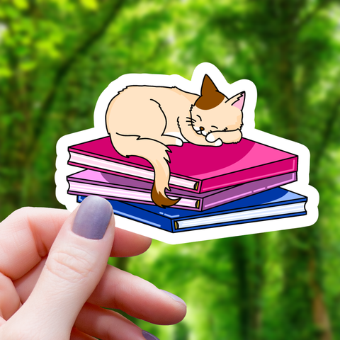 Bisexual Pride Cat On Books Sticker - 3"