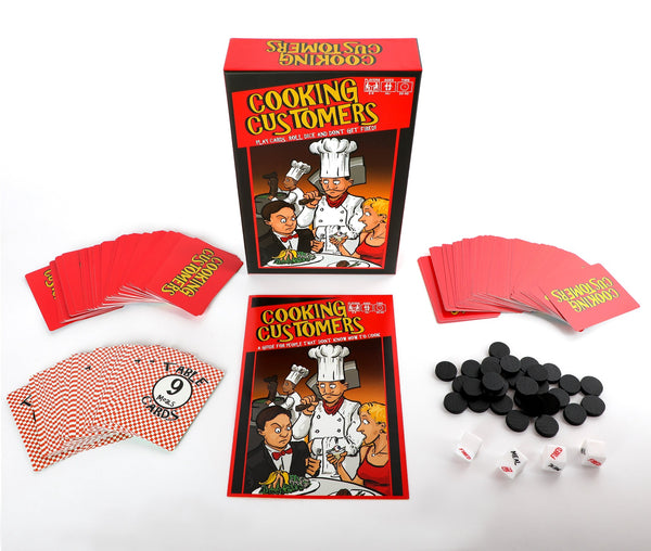 Cooking Customers components - small black discs, custom dice, red and white checkered table cards, red and yellow Cooking Customers cards