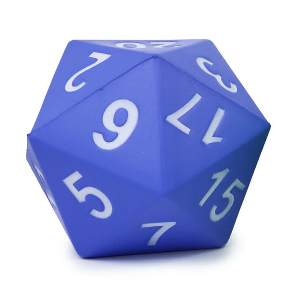 Blue polyhedral dice with white numbers on a white background