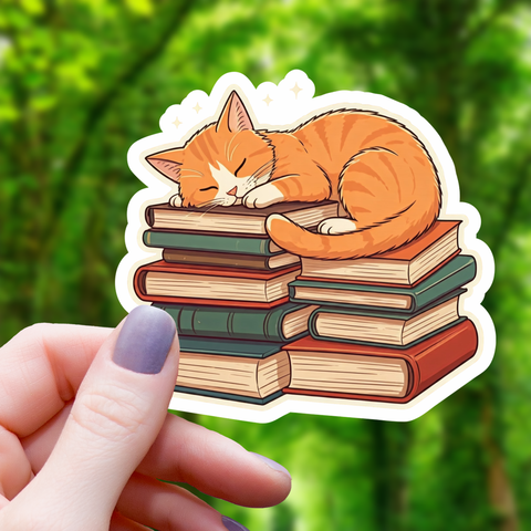 Tabi Cat Sleeping on Books Sticker- 3"