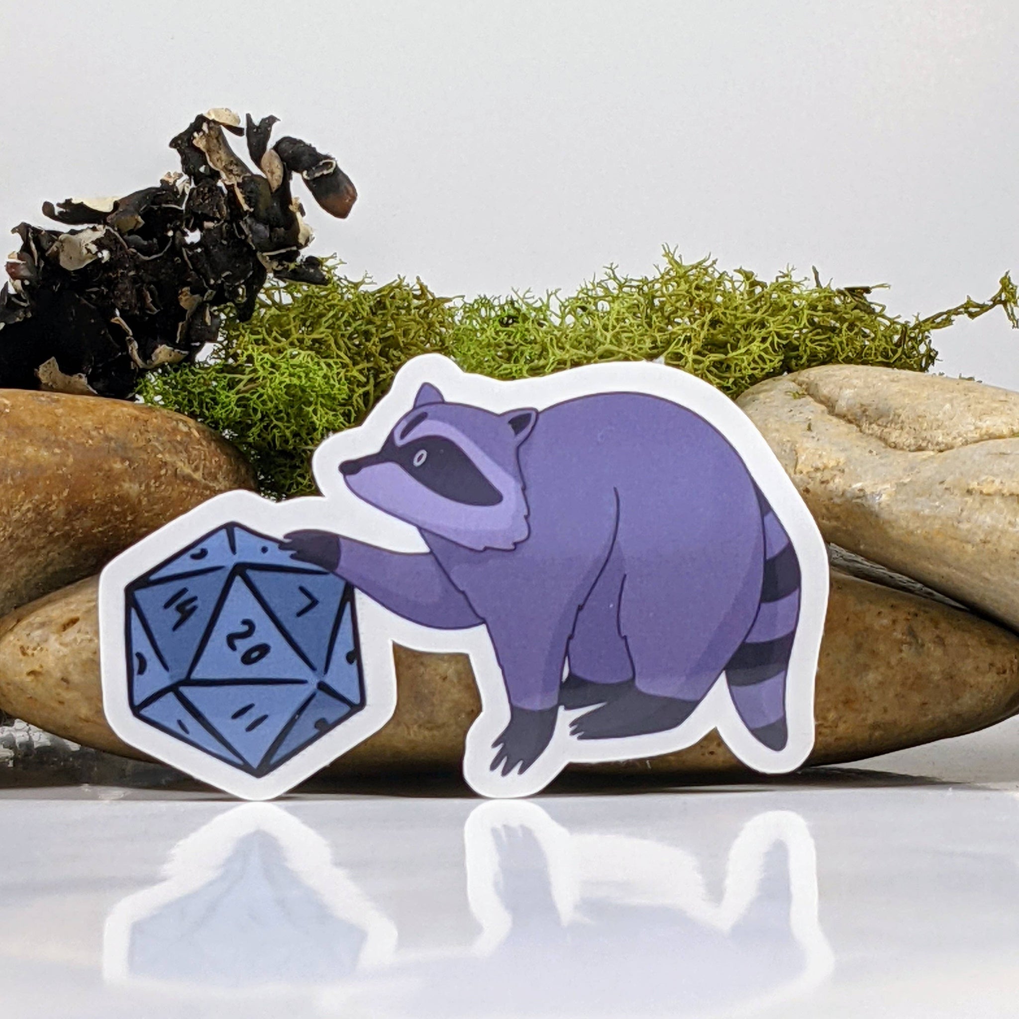Raccoon Finding Polyhedral Dice Sticker - 2.5"