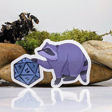 Raccoon Finding Polyhedral Dice Sticker - 2.5"