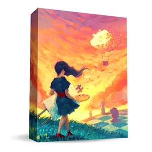 canvas box front: no words, looks like a painting of a girl holding an easel and watching a cloud hot air balloon drift apart with a gigantic chess board in the distance