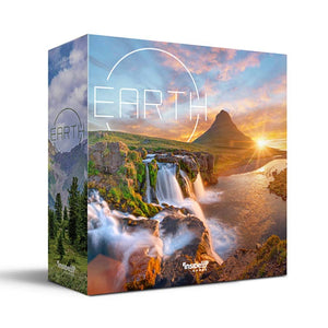 Earth box front: gorgeous seaside landscape with waterfalls at sunset