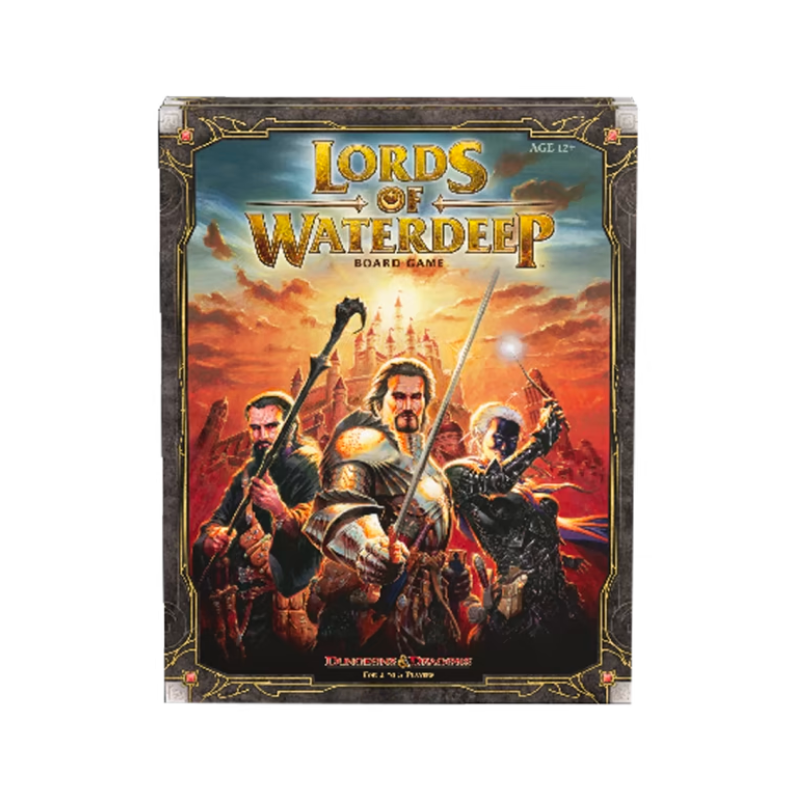 Lords of Waterdeep box front, three powerful figures, one holding a scepter, one a sword, and one a magic wand