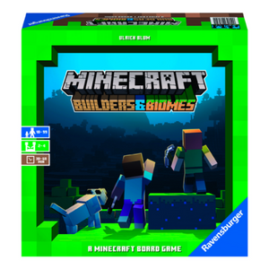 Minecraft: Builders and Biomes box front - two blocky miners and their dog looking off into the distance