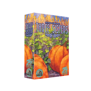 Three Sisters box front: pumpkin patch with corn and beans growing in the background