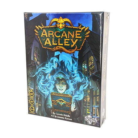 Arcane Alley box front: 45 minutes playtime, ages 10+, 2-6 players