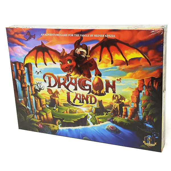 Box front: adventure game for the family by Reiner Knizia, Dragon Land, young woman rides a friendly red dragon over a brightly colored fantasy landscape