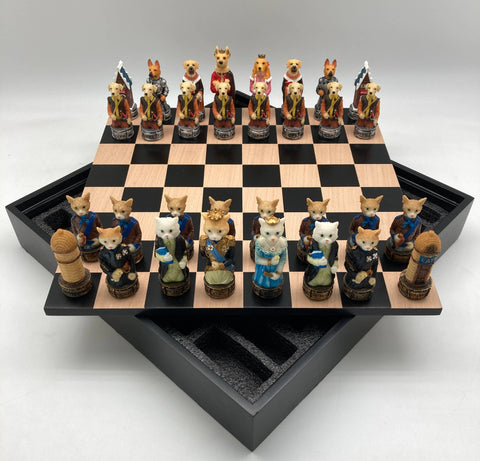 Chess Set - Cats & Dogs Resin Chessmen in Black/Maple Chest