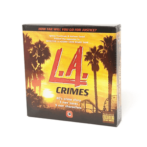LA Crimes box front: How far will you go for justice? Ignacy Trzewiczek & Mateusz Zaród present the expansion to Detective: a modern crime board game. 80s crime story, 3 new cases, 5 new characters. parental advisory: explicit content