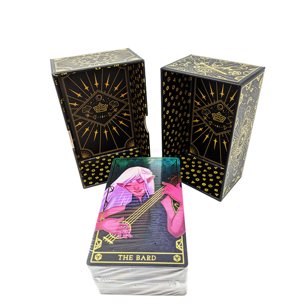 Open box with intricate black and gold patterns, unopened pack shows the bard as a pale purple figured playing a lute picked out in gold