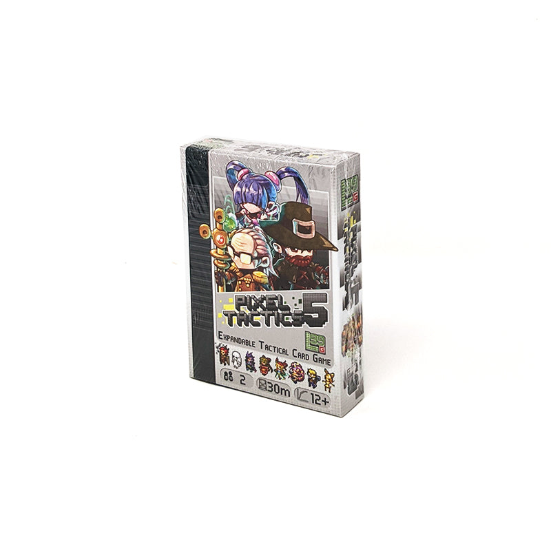 Box front: Pixel Tactics, Expandable Tactical Card Game, 2 players, 30 minutes, ages 12+
