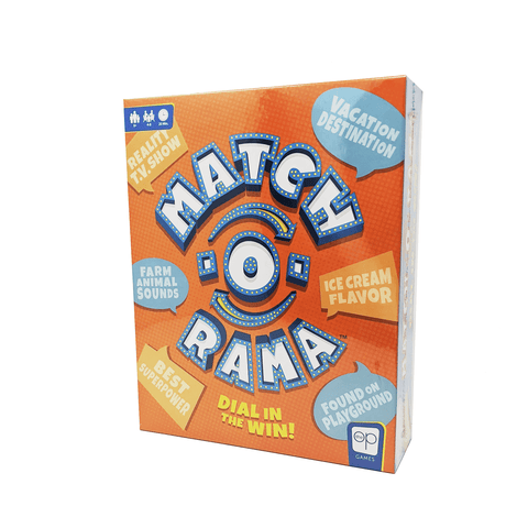 match-o-rama box front: Dial in to win! bright orange and blue with sample categories like ice cream flavor and found on playground