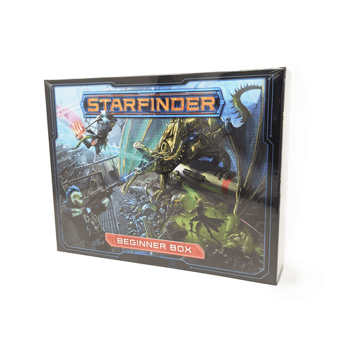 Starfinder Beginner Box front: 3 futuristic warriors weilding a variety of weapons and magic are fighting a robotic dinosaur that is shooting lightning from its mouth