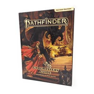 Pathfinder Second Edition Gamemastery Guide book cover: A woman dressed in red and weilding a spear-like weapon is standing in front of a dragon. They are both climbing a set of stairs
