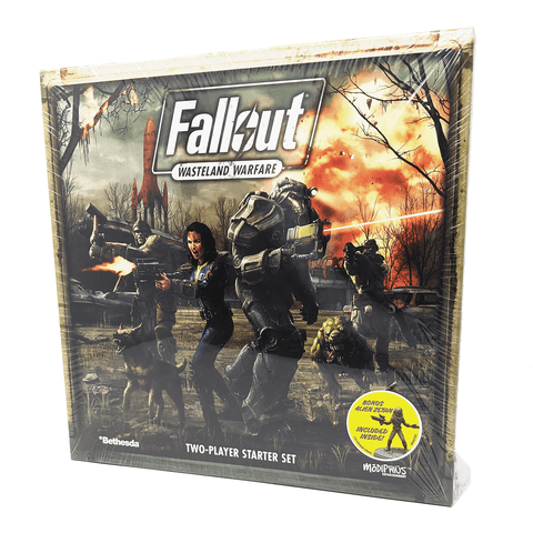 Fallout:Wasteland Warfare box front: characters yelling and shooting with mutated dog and a large explosion in the background