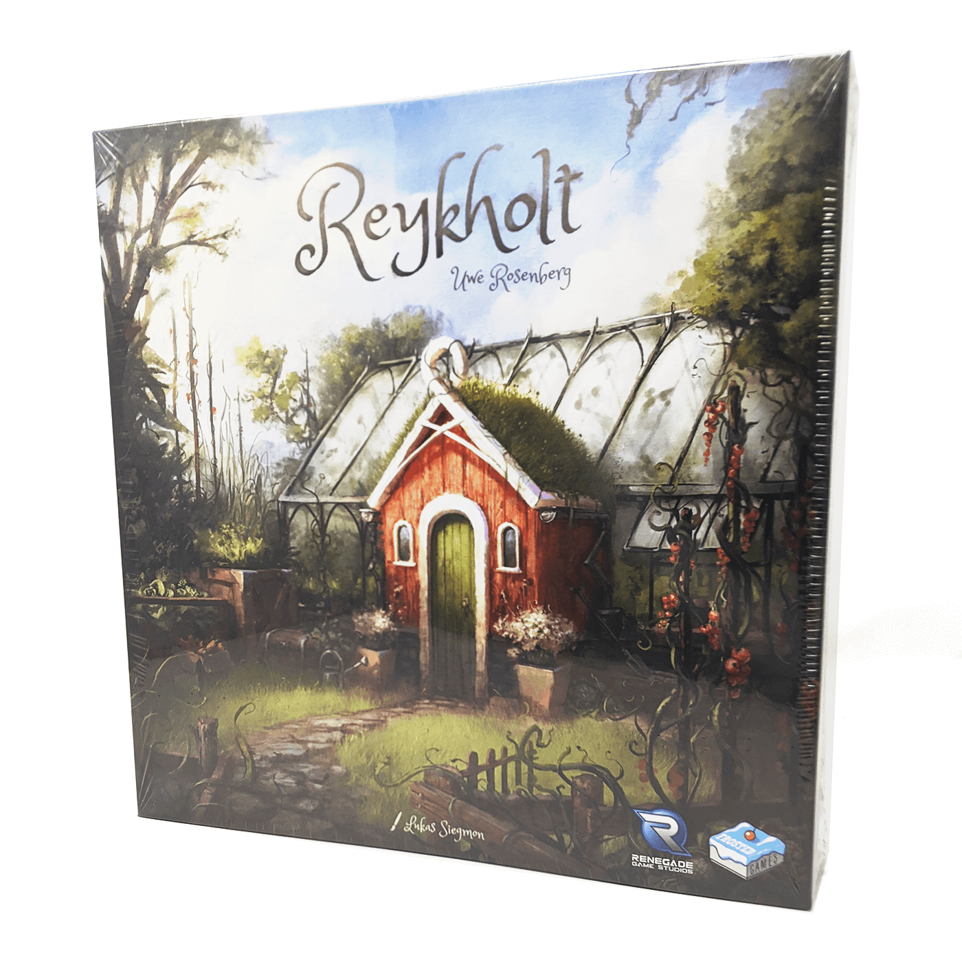 Reykhold box front: a small country greenhouse in the middle of a forest. The greenhouse has a red shed attached with moss growing on the roof and a stone path leading up to it. There are a variety of plants growing all around