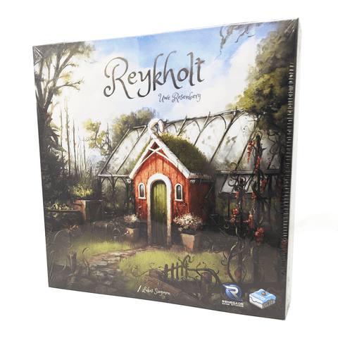 Reykhold box front: a small country greenhouse in the middle of a forest. The greenhouse has a red shed attached with moss growing on the roof and a stone path leading up to it. There are a variety of plants growing all around