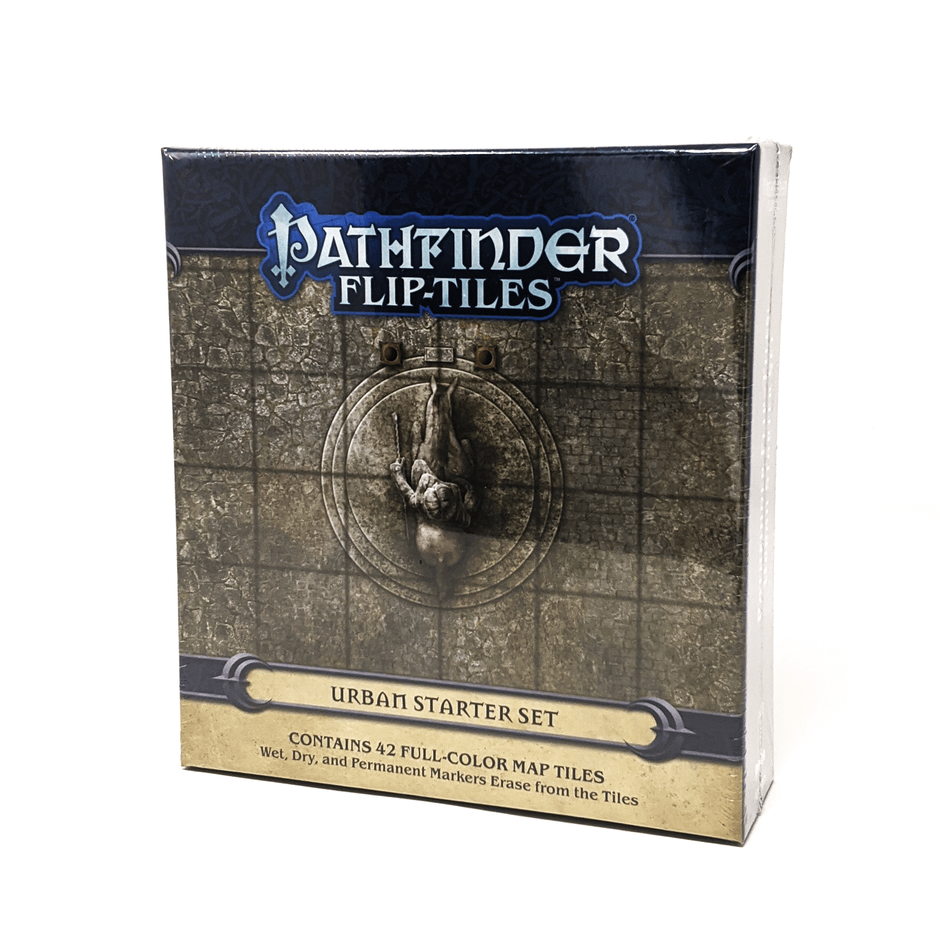 Pathfinder Flip Tiles Urban StarterSet box front: a top-down stone statue of a person on a horse in the middle of a plaza. There is a square grid over the plaza