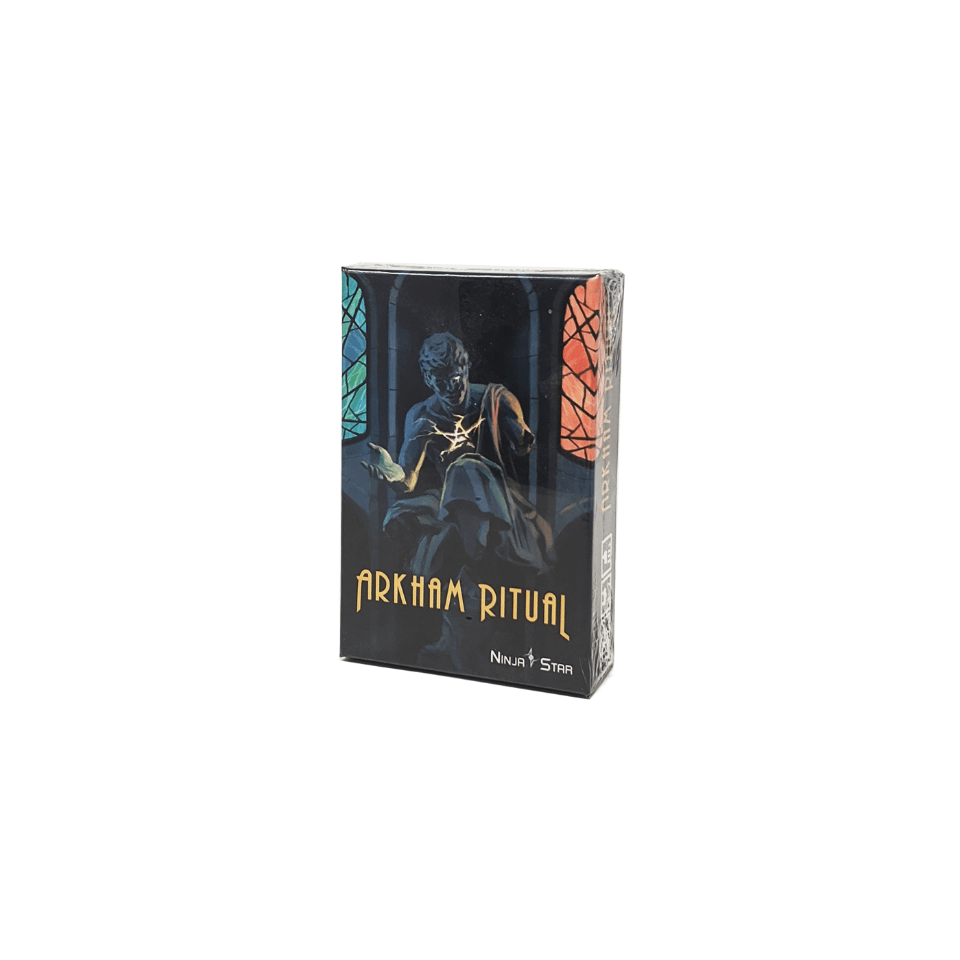 Arkham Ritual box front: statue of a man with a missing arm and a glowing pentagram carved into his chest between two stained glass windows