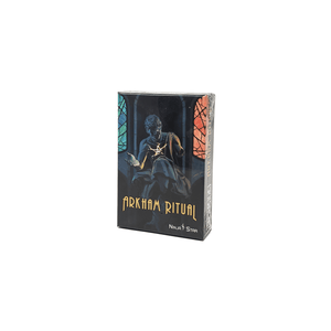 Arkham Ritual box front: statue of a man with a missing arm and a glowing pentagram carved into his chest between two stained glass windows