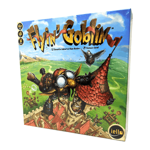 Flyin' Goblin box front: goblins with large ears, noses, and flight goggles flap around a castle tower