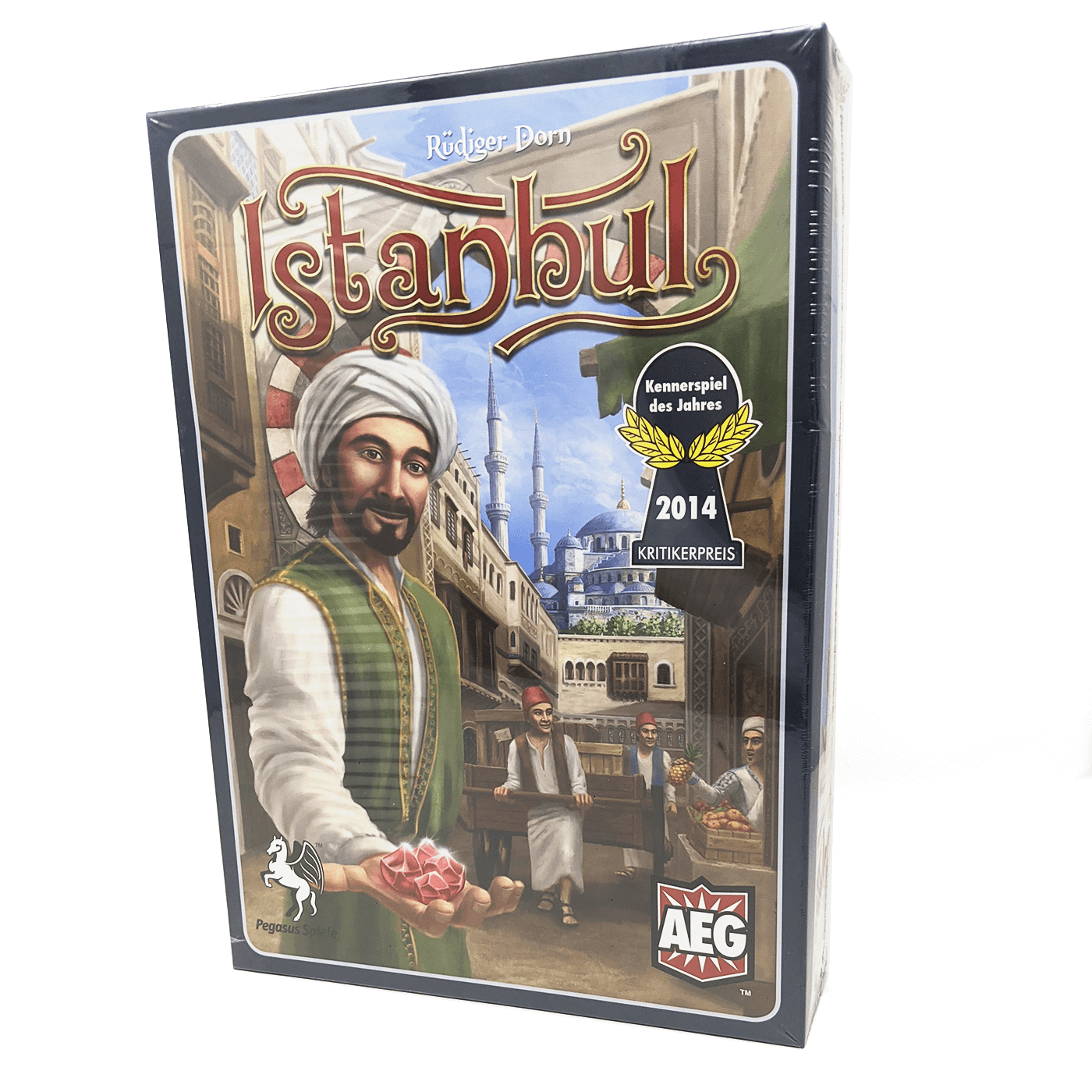 Istanbul box front: merchant in a turban holds out a handful of rubies while others sell and transport goods in the background
