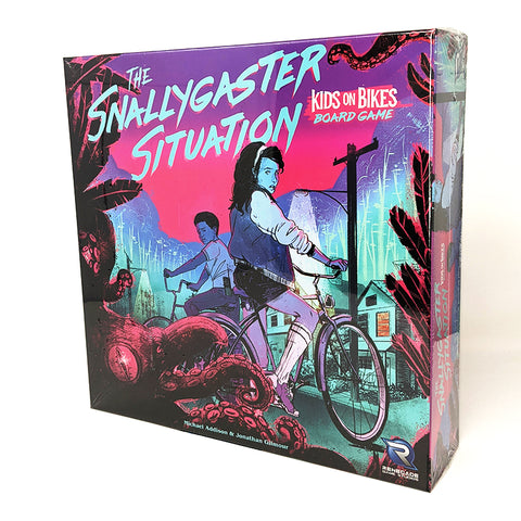Box front: The Snallygaster Situation, Kids on Bikes board game by Michael Addison and Jonathan Gilmour, Renegade Games Studios