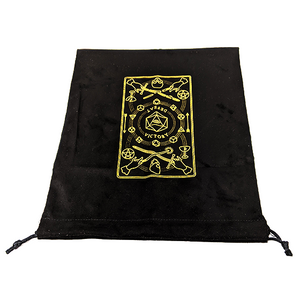 Black velvet drawstring bag with gold tarot card design