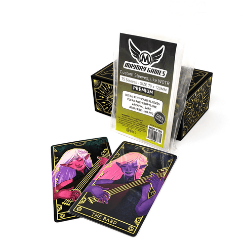 Mayday Games custom sleeves - 75 sleeves - size: 70 x 120MM, premium, two cards from the Adventurer's Tarot deck (one sleeved)
