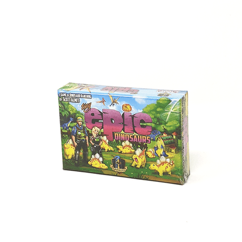 Box front: Tiny Epic Dinosaurs, a game of dinosaur ranching by Scott Almes
